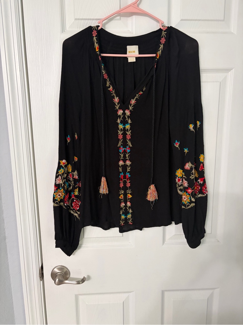 Maeve Black Boho Embroidered Tassel Blouse